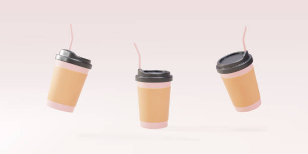 istock 3D set paper coffee cups with a straw on a pink background. Vector illustration. 1412726380