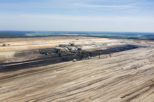 Aerial view Coal open cast mine and onveyor bridge F60, Jaenschwalde, Brandenburg, Germany