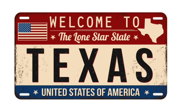 illustrazioni stock, clip art, cartoni animati e icone di tendenza di benvenuti nella targa arrugginita vintage del texas - license plate metal rusty old