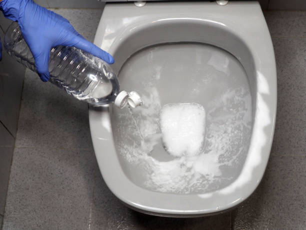 desinfectar la taza del inodoro con bicarbonato de sodio y vinagre - vinegar toilet fotografías e imágenes de stock