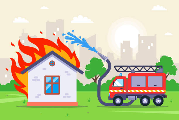 strażacy gaszą drewniany płonący dom. wąż strażacki z wodą. płaska ilustracja wektorowa. - devastating stock illustrations