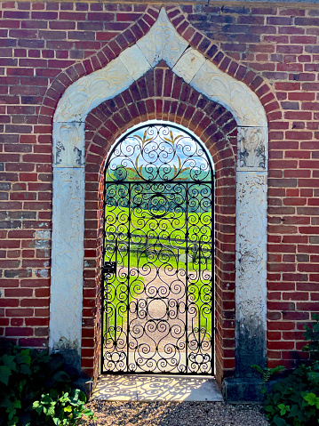 Montpelier Station, Virginia, USA - July 30, 2022: Entrance to the Annie duPont Formal Garden located on the grounds of “James Madison’s Montpelier”, the home of Founding Father and United States President James Madison and his wife Dolly Madison.