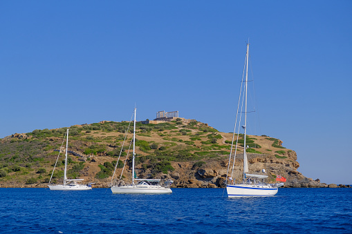 Cape Sounio in Athens, Athens, Greece with the ancient Temple of Poseidon at summer