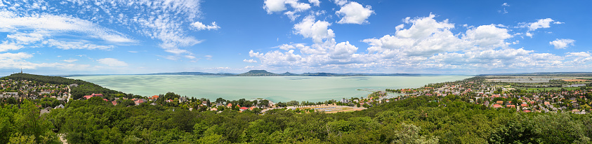 Wide panorama of Lake Balaton, Hungary on a summer day. View is from watchtower on hill \