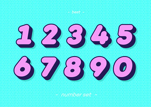 Set of numbers 3d bold typography colorful style consisiting of 1, 2, 3, 4, 5, 6, 7, 8, 9, 0 for logo, poster, t shirt, book, sale banner, printing on fabric, birthday card. Modern font. Vector 10 eps