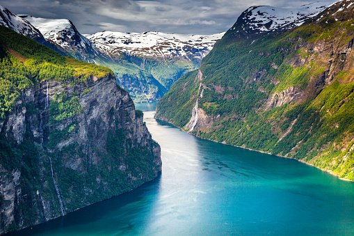Gieranger fjord and Seven Sisters Waterfalls in More og Romsdal, Norway, Northern Europe