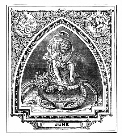 June is personified by the Greek myth of Karkinos (Carcinus)  riding a crab, the symbol for Cancer, an astrological sign. The word 