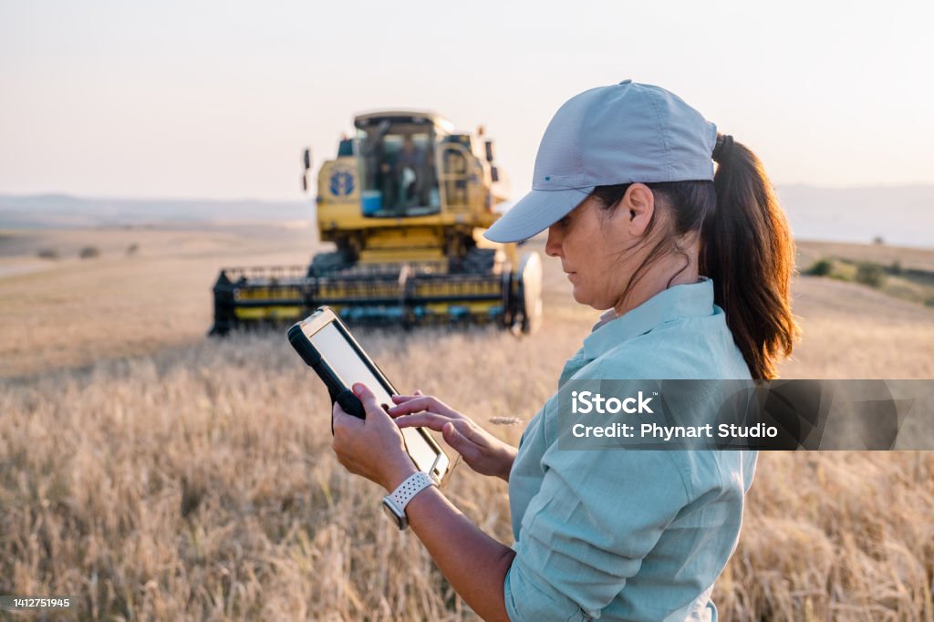 Female Farmer is Holding a Digital Tablet in a Farm Field. Smart Farming Internet of Things Stock Photo