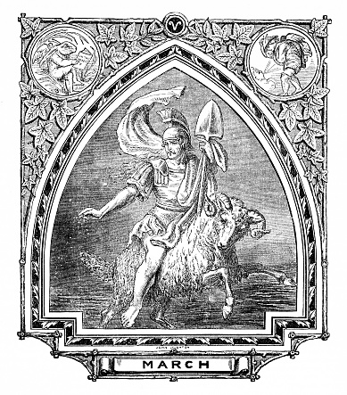 March is personified by the Greek god Ares riding a ram, the symbol for Aries, an astrological sign. The word 