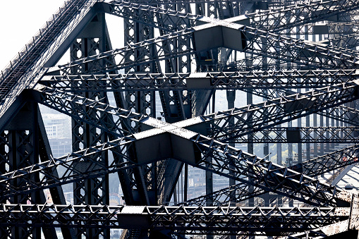 Closeup aerial view of large bridge steel structure with the view on highway, Sydney Harbour Bridge, background with copy space, full frame horizontal composition