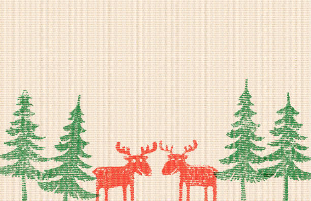 Silhouettes of deer and christmas trees with empty space for text or greetings. Imitation of silk-screen printing or stamp printing on cotton.