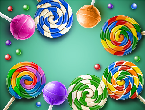 Lollipop Candy Green Background. Candy on a stick. Vector illustration.