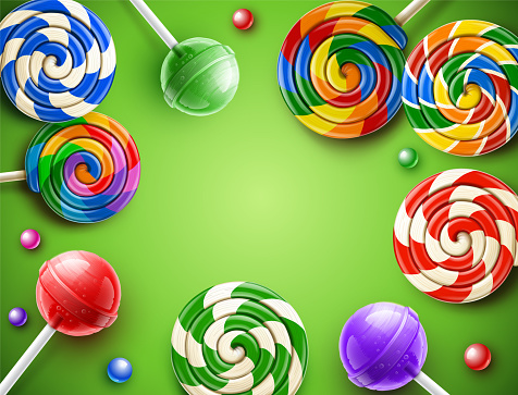 Lollipop candy green background. Candy on a stick. Vector illustration.