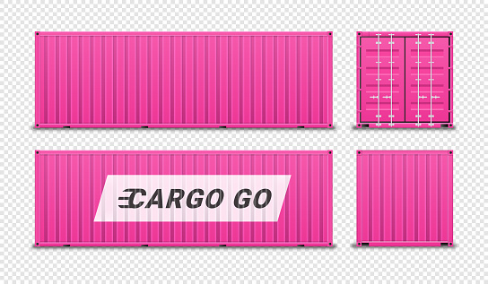 Realistic container pink. Ship cargo transportation, maritime international trade. Graphic elements for website, design for boxes. Flat vector illustrations isolated on transparent background