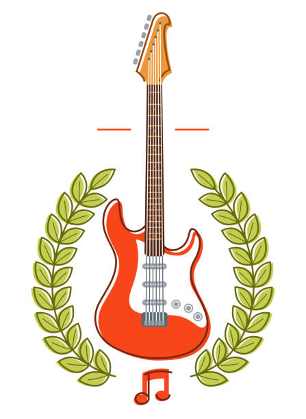 illustrations, cliparts, dessins animés et icônes de guitare électrique avec emblème vectoriel de couronne de laurier pour festival ou concert ou lecteur isolé sur blanc, thème de musique live, symbole pour étiquette d’enregistrement musical, magasin d’instruments. - power ballad