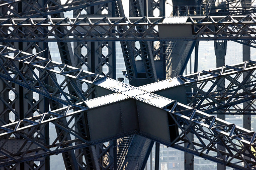 Closeup aerial view of large bridge steel structure, Sydney Harbour Bridge, background with copy space, full frame horizontal composition