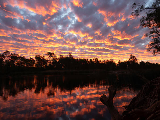 Stunning vivid sunset next to lak