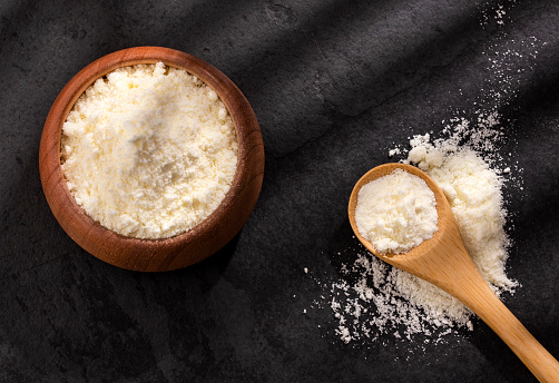 Powdered milk with nutrients in the bowl and spoon