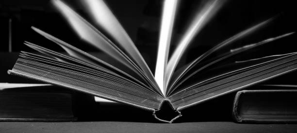 istock Open book close up, black and white, reading, education, knowledge concept. 1412757978