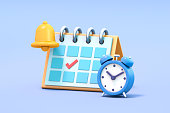 Calendar with clock and notification bell