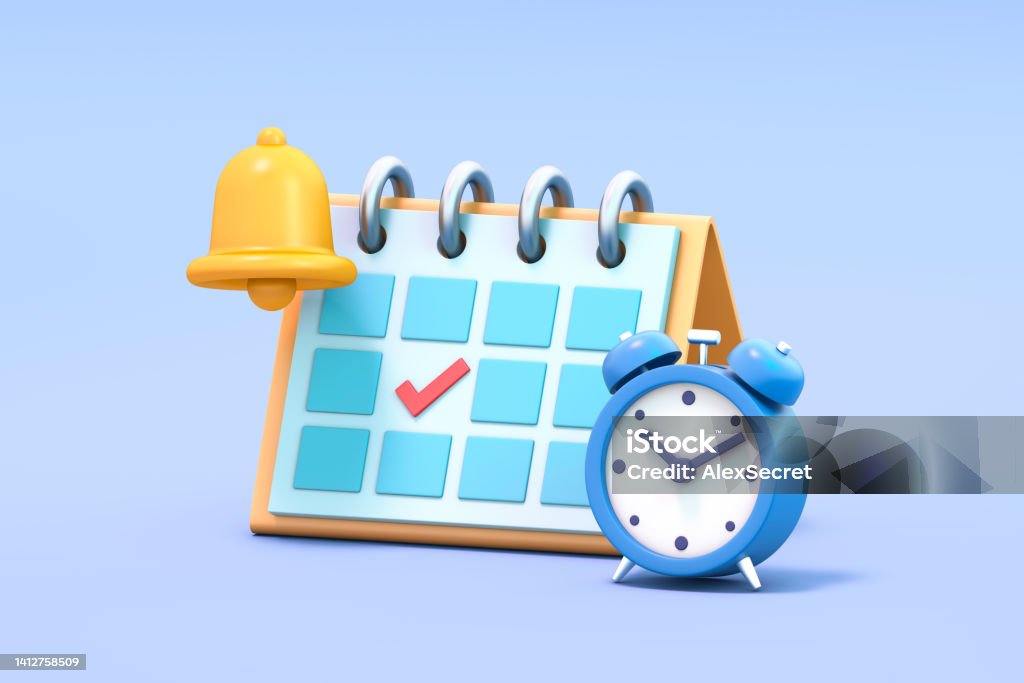 Calendar with clock and notification bell Reminder in calendar. 3d illustration Three Dimensional Stock Photo