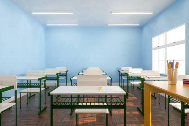 istock Desks and chairs near window in classroom. 3d render 1412759319