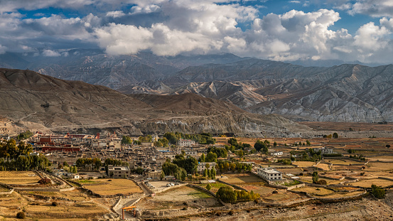 Sunrise over Lo Manthang village. Mustang region is the former Kingdom of Lo and now part of Nepal,  in the north-central part of that country, bordering the People's Republic of China on the Tibetan plateau between the Nepalese provinces of Dolpo and Manang.