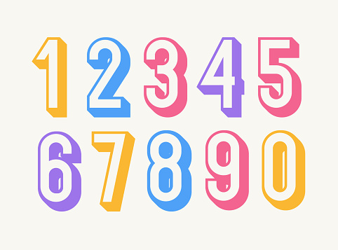 Set of numbers colorful 3d bold style trendy typography consisiting of 1, 2, 3, 4, 5, 6, 7, 8, 9, 0 for poster, tshirt, book, sale banner, printing on fabric, birthday card. Modern font. Vector 10 eps