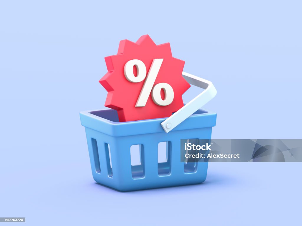 Shopping basket with  discount sale tag 3D illustration Sale Stock Photo