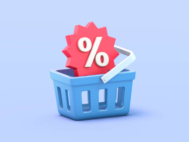 Shopping basket with  discount sale tag stock photo