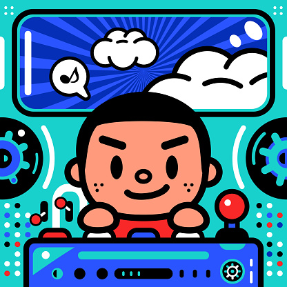 Cartoon Characters Design Vector Art Illustration. 
A cute boy is piloting an Unlimited Power Spaceship or UFO.