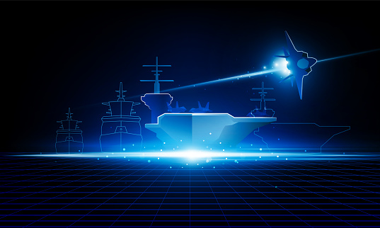 High speed concept. Aircraft carrier Fighter jet in the form of Arrow Light out technology background Hitech communication concept innovation background, vector design