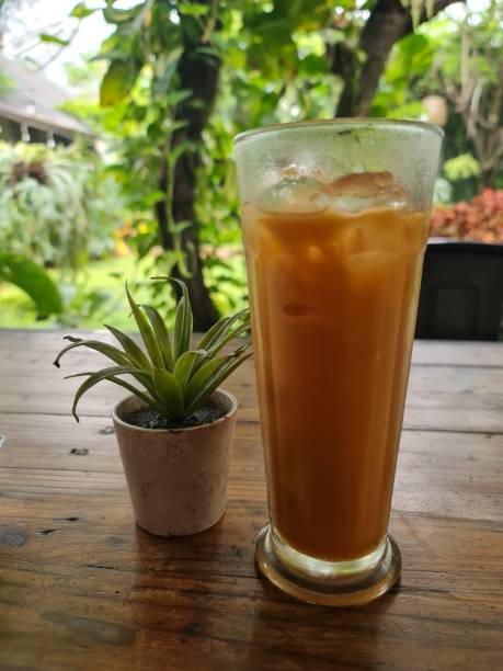 istock Artificial spider plant (lily paris) next to a glass of Thai Tea 1412769851