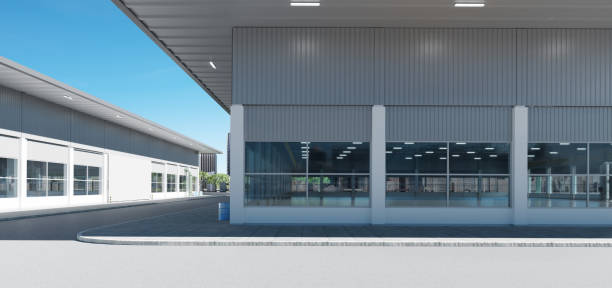 istock Modern new factory building with empty asphalt floor 1412769869
