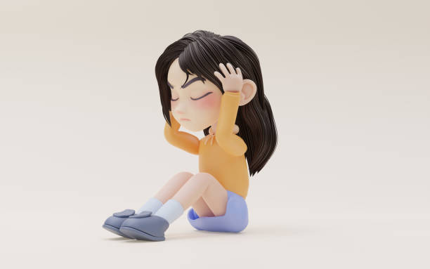 Little girl with depression mood, 3d rendering. Little girl with depression mood, 3d rendering. Computer digital drawing. sad girl crouching stock pictures, royalty-free photos & images