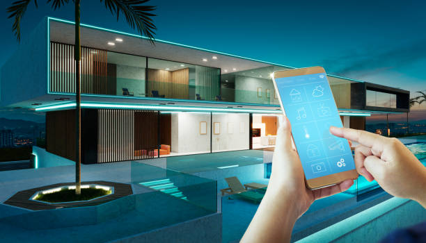istock Phone control with smart home app in luxury house 1412770713