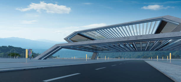 istock Perspective view of empty road and modern bridge structure building 1412770724