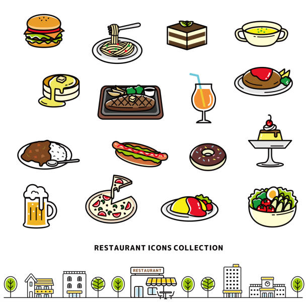 illustrazioni stock, clip art, cartoni animati e icone di tendenza di collezione di icone di cibi e bevande del ristorante. - meat food restaurant dinner