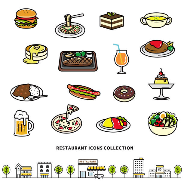 ilustrações, clipart, desenhos animados e ícones de coleção de ícones de comida e bebida de restaurante. - meat food restaurant dinner