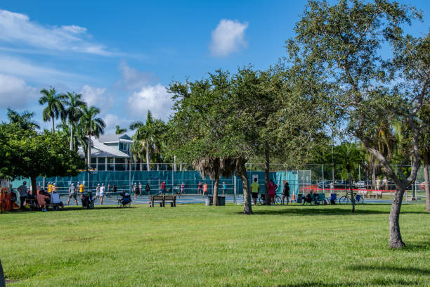 Group in the distance, pickleball court in a public park with manicured lawn and mature trees in the foreground.