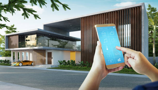 istock Phone control with smart home app in luxury house 1412770780