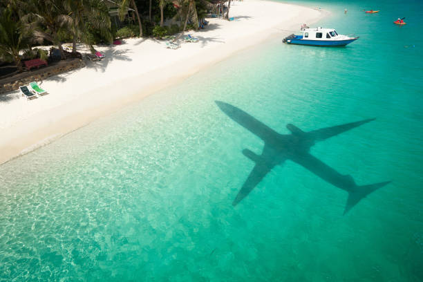istock Beautiful tropical beach with airplane shadow 1412771321