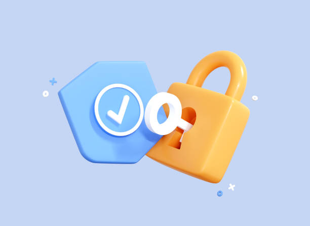 3D Lock with Key and Protection shield. Cyber security internet and networking concept. Shield shape with padlock. Safety and privacy. Cartoon realistic icon isolated on blue background. 3D Rendering stock photo