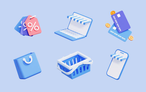 3D Online shopping icon set. Discount coupon, laptop, credit card, shopping bag, basket and mobile phone. Sale and purchase concept. Creative cartoon design collection isolated on blue. 3D Rendering conjunto de iconos de compras en línea en 3d. cupón de descuento, portátil, tarjeta de crédito, bolsa de la compra, cesta y teléfono móvil. concepto de compraventa. colección creativa de diseño de dibujos animados aislado en azul. renderizado 3d