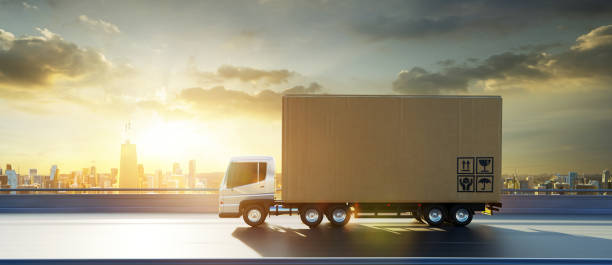 istock Cargo Truck with big cardboard box package on the road 1412772836