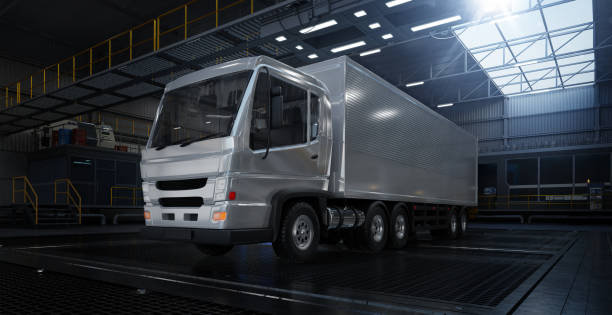 istock 3d rendering Truck with trailer park in factory 1412772889