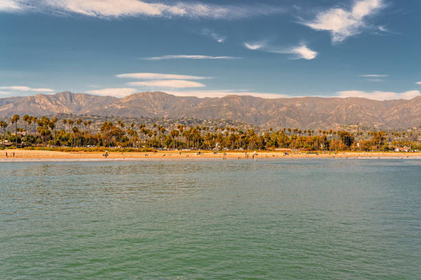 istock Santa Barbara beach with beautiful palm trees, Pacific Ocean, mountains, and cloudy sky on background 1412774822