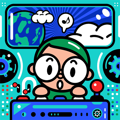 Cartoon Characters Design Vector Art Illustration. 
A cute boy is piloting an Unlimited Power Spaceship or UFO arriving on earth.