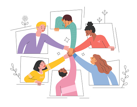 People are putting their hands together. window frame. flat design style vector illustration.