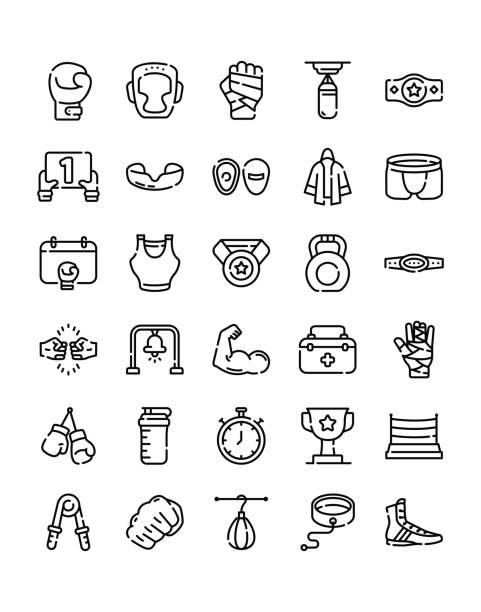 boxing icon set 30 terisolasi dengan latar belakang putih - jubah-tinju ilustrasi stok